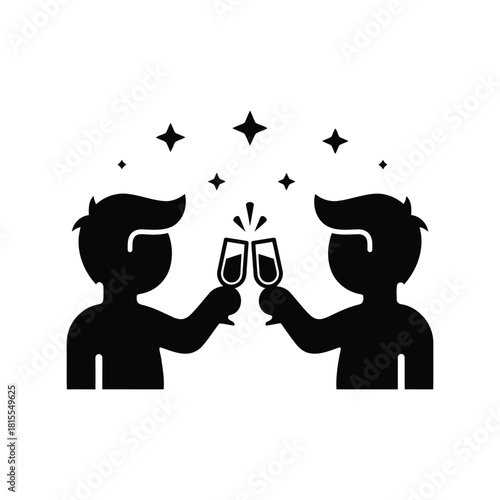Celebration toast silhouette two people clinking champagne glasses festive stars party icon vector graphic