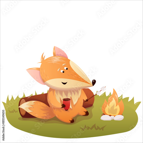 A cute cartoon fox roasting marshmallows over a campfire. Fox, relaxation, rest, camping, enjoyment, bonfire, emotion, vector