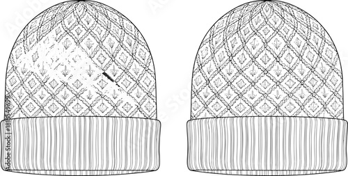 Knitted beanie vector, leaf pattern, ribbed cuff, symmetrical design, winter accessory, fashion textile, cad drawing flat vector illustration