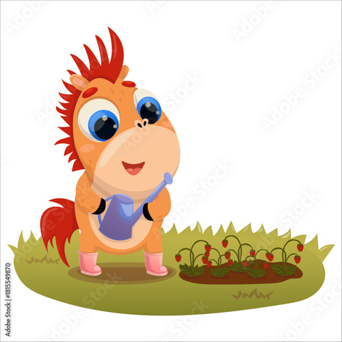 A cute vector illustration of a horse growing vegetables. Pony, vegetable garden, horse, vitamins