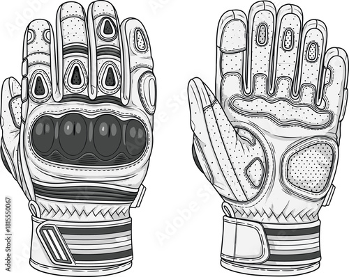 Protective gloves technical sketch palm and back views, knuckle armor, grip texture, cad drawing flat vector illustration