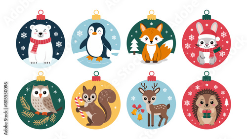 Holiday Ornament Collection: A delightful ensemble of festive ornaments showcasing adorable animals in a winter wonderland setting. This image evokes warmth and joy during the holiday season.