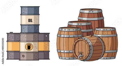 Collection of cartoon style barrels including metal industrial oil containers and vintage wooden casks for liquids