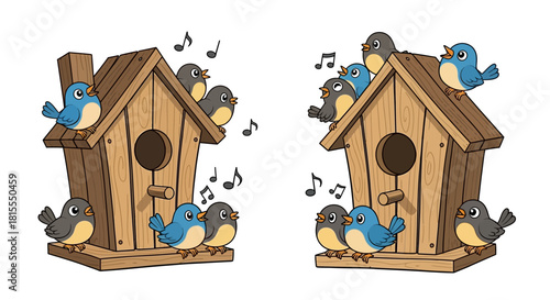 Birdhouse Illustration Adorable cartoon birds in their cozy homes and singing happily