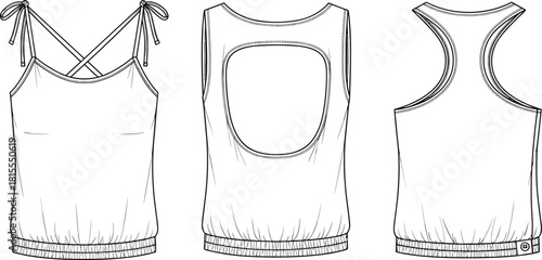 Tank top technical sketch, front back view, spaghetti strap, racerback, cutout detail, elastic hem, cad drawing flat vector illustration