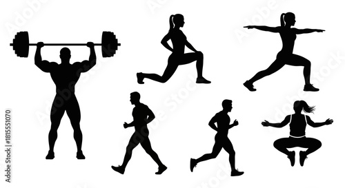 Diverse Silhouette Set of Workout Exercises, Fitness, and Physical Activity for Health and Wellbeing