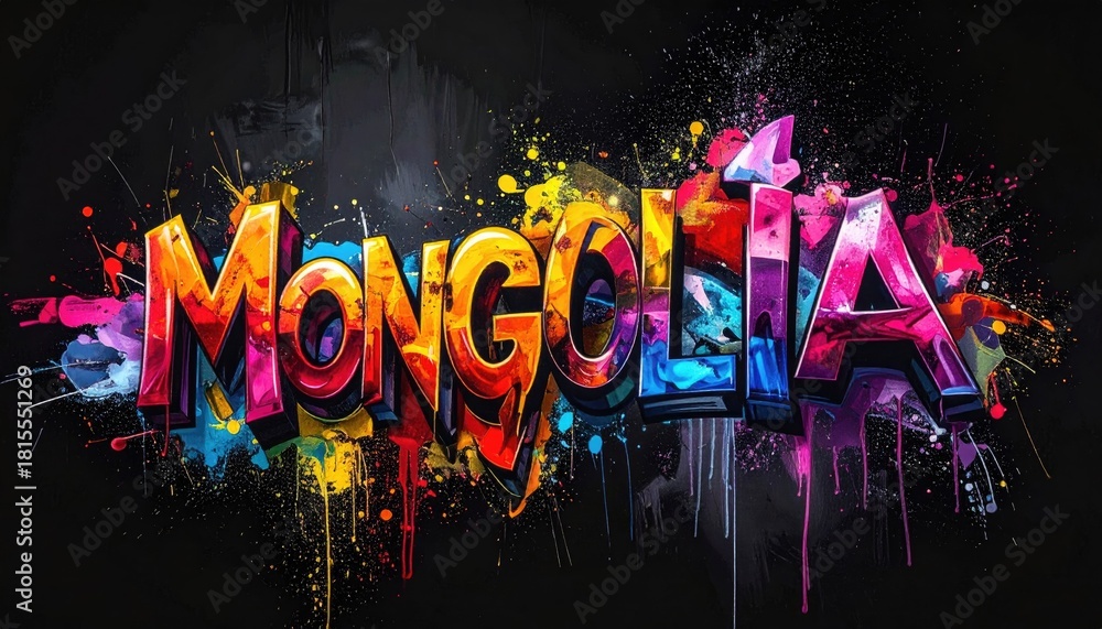 Fototapeta premium Colorful Graffiti Art Spelling Mongolia With Splatter Paint Effects On A Dark Background