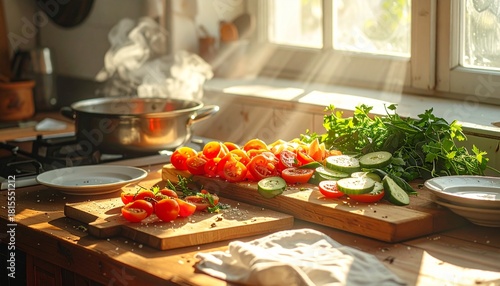 A cutting board with fresh ingredients, warm sunlight, simple plates and a cozy cooking rhythm.
