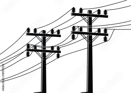 Utility pole sketch, power line infrastructure, electrical distribution system, silhouette vector, flat illustration, cad drawing flat vector illustration