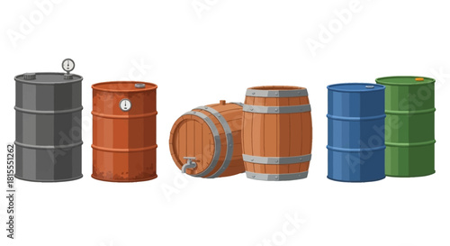 Colorful Array of Industrial Barrels, Diverse Storage Container Vectors