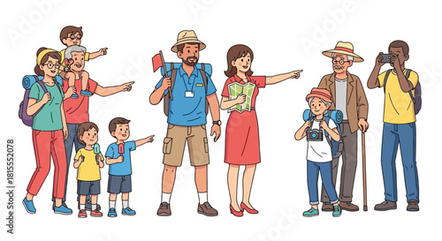Diverse Tourist Groups and Families Navigating Adventures and Exploring New Destinations While Traveling and Sightseeing