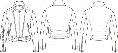 Biker jacket vector illustration, moto coat flat sketch with zipper details, front and back view technical drawing template, belted waist outerwear design mockup.
