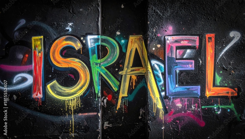 Naklejka premium Colorful Graffiti Word Israel Painted on a Textured Wall with Splattered Paint and Vibrant Hues