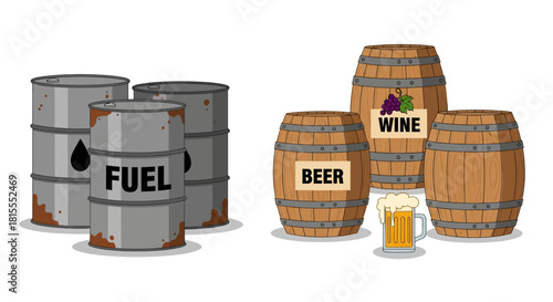 Visual concept of liquid commodities fuel in metal barrels and alcoholic beverages like wine and beer in traditional wooden casks