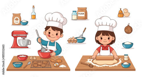 Young chefs in the kitchen creating culinary delights, baking cookies and pastries with joy and enthusiasm