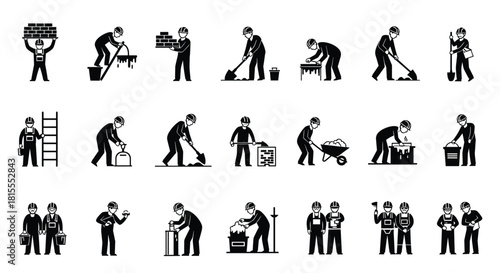 Set of black and white pictograms showing a construction worker or bricklayer in various poses and actions related to building and masonry.
