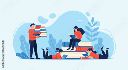 Group of young people reading and studying together surrounded by large stacks of books in a modern flat vector illustration style.
