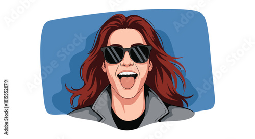 Vector cartoon portrait of a cool and playful woman with long red hair and sunglasses sticking her tongue out with a fun expression.