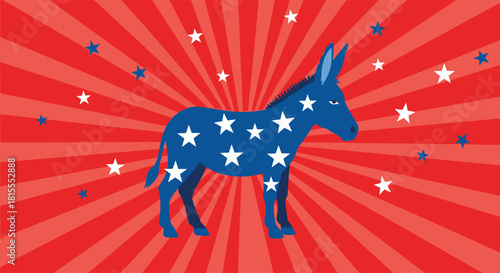 Symbol of the US Democratic Party, a blue donkey covered in white stars, on a patriotic red and white sunburst background illustration.