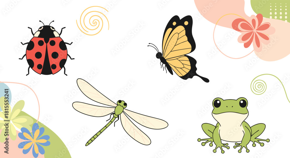 Obraz premium Charming collection of spring and summer wildlife illustrations, including a ladybug, butterfly, dragonfly, and frog with floral elements.