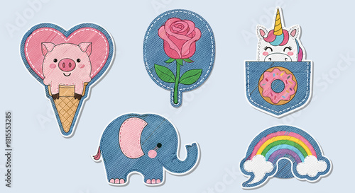 Collection of cute and colorful embroidered patches with a denim texture, including a unicorn, pig, elephant, rose, and rainbow.