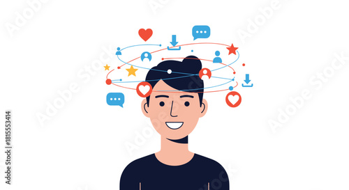 Concept of social media addiction or digital life with a woman's head surrounded by orbiting communication and notification icons.