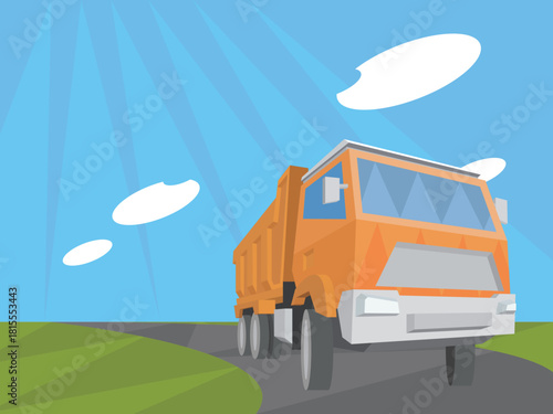 Orange Dump Truck on Scenic Road slowly vector graphic 10 EPS
