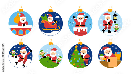 Joyful Christmas Ornaments: A vibrant collection of Christmas ornaments, each featuring Santa Claus and his helpers in whimsical winter scenes, evoking the magic and wonder of the holiday season.