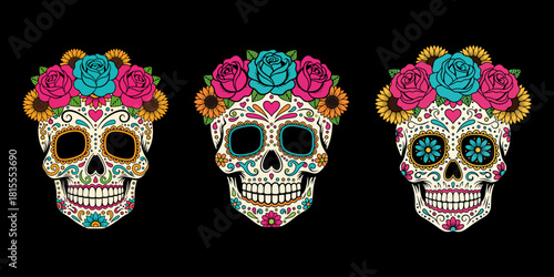 Colorful Sugar Skull Illustrations – Día de los Muertos Floral Calavera Set on Black Background