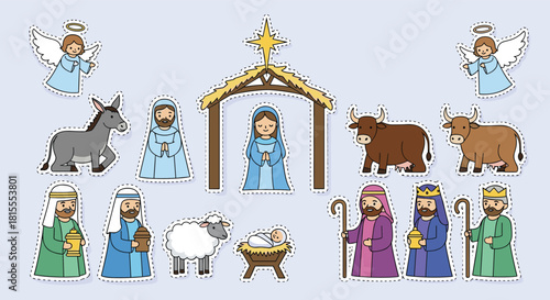 Collection of cute cartoon sticker-style illustrations depicting the Christian nativity scene with all the traditional characters.