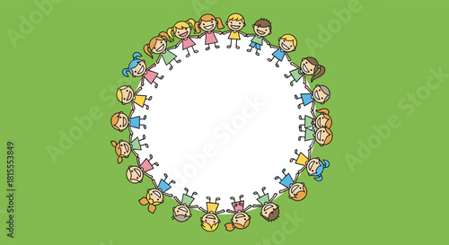 Doodle-style illustration of a diverse group of happy children holding hands to form a circle on a green background with copy space.