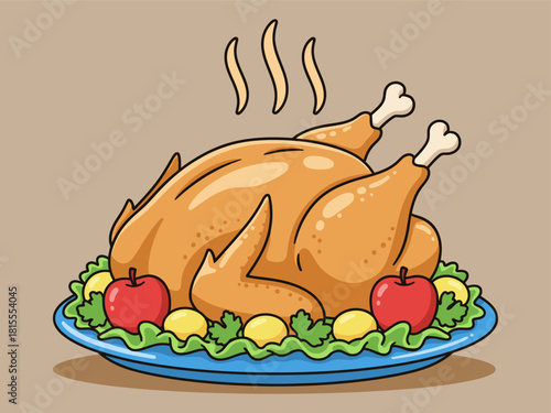 Cartoon Roast Turkey Illustration – Thanksgiving Dinner, Holiday Feast, Festive Food Vector