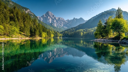 Fototapeta Naklejka Na Ścianę i Meble -  Idyllic summer mountain landscape featuring a crystal-clear alpine lake surrounded by majestic peaks and lush green meadows under a bright blue sky