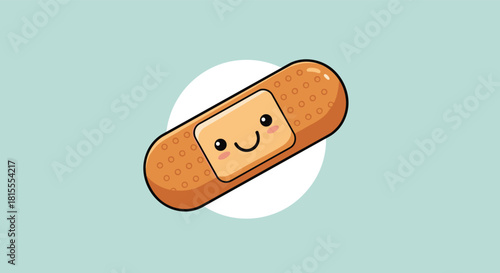 Cute and friendly kawaii-style cartoon bandage with a smiling face, representing first aid and healthcare for children in a gentle way.