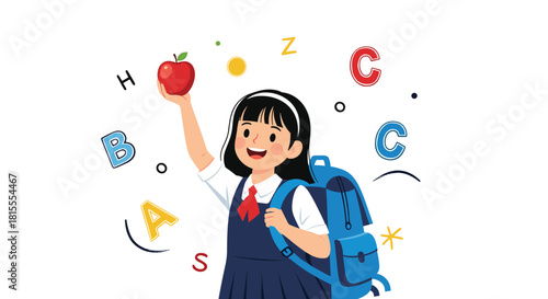 Happy schoolgirl in a uniform with a backpack holding up a red apple, surrounded by floating letters of the alphabet.
