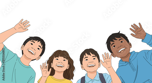 A diverse group of four happy children looking up and waving with joyful expressions, viewed from a low angle perspective.
