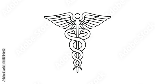 Black and white line art of the Caduceus medical symbol, featuring two snakes winding around a winged staff for healthcare concepts.