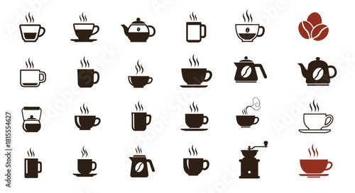 A large collection of black and brown coffee-related icons, including various cups, mugs, pots, and beans on a white background.