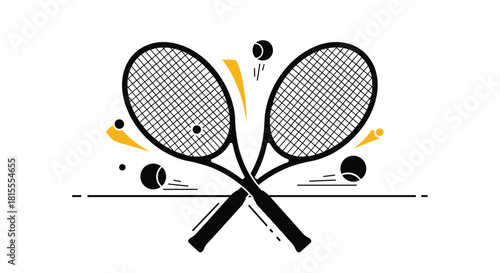 Dynamic and modern black and white illustration of two crossed tennis rackets with balls, suitable for a sports logo or emblem.