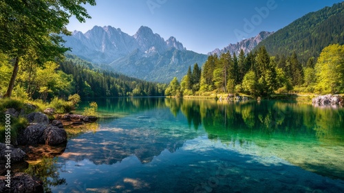 Fototapeta Naklejka Na Ścianę i Meble -  Idyllic summer mountain landscape featuring a crystal-clear alpine lake surrounded by majestic peaks and lush green meadows under a bright blue sky