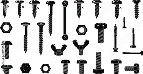Construction hardware vector collection, black silhouettes of screws bolts nuts and rivets, industrial repair toolkit elements isolated on white background.