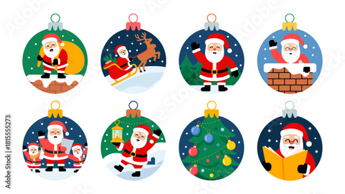 Festive Ornament Collection: A collection of decorative Christmas ornaments, each featuring Santa Claus in a variety of holiday scenes. Vivid and cheerful, perfect for spreading Christmas joy.
