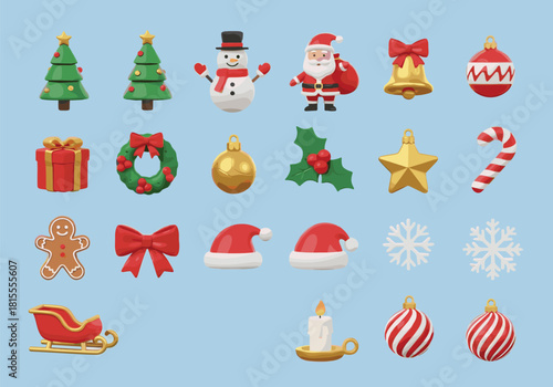 3D style Christmas holiday icon set with Santa sleigh wreath candle and ornaments, cad drawing flat vector illustration