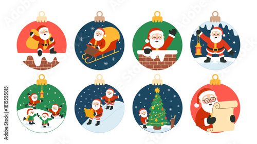 Festive Ornaments with Santa Claus: A collection of vibrant Christmas ornaments, each depicting Santa Claus in various joyful scenes, perfect for holiday decor and spreading cheer.