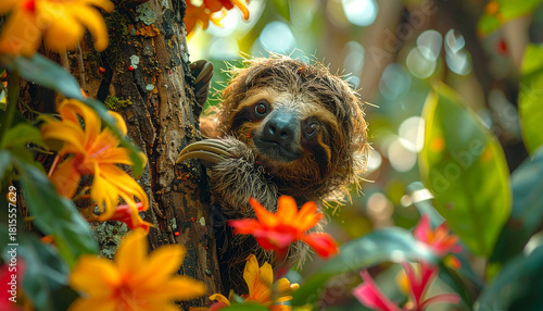 Smiling Sloth Among Vibrant Flowers in Costa Rican Rainforest