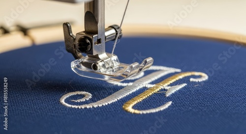 Close-up of a sewing machine needle meticulously embroidering a personalized monogram onto navy fabric stretched within a wooden hoop, highlighting the precision of the craft