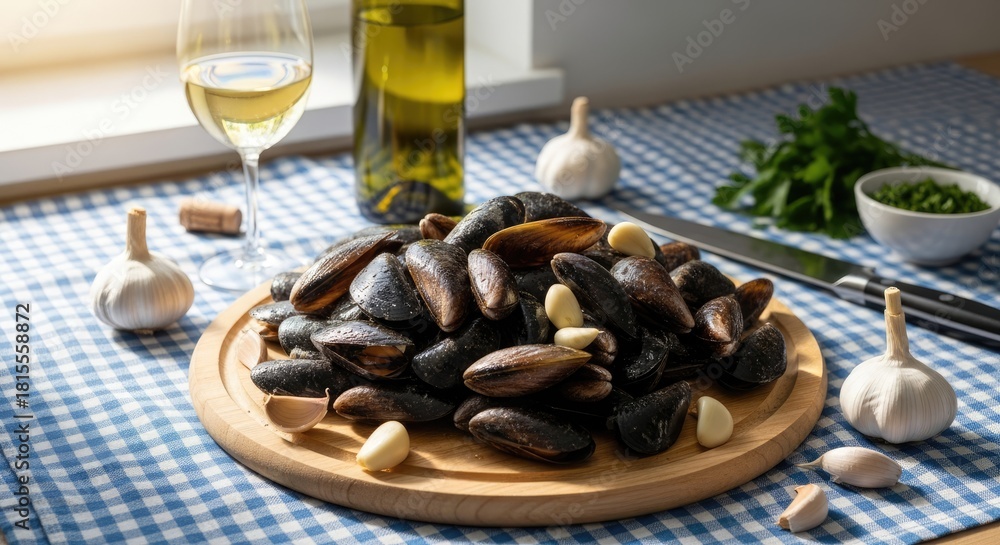Fototapeta premium A wooden platter overflows with cooked mussels, accompanied by wine, garlic, fresh parsley, and a knife on a blue checkered cloth, near a window. Sunlight casts shadows