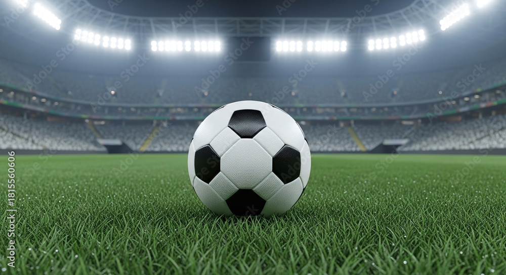 Obraz premium Soccer Ball on Green Grass Pitch in Stadium under Bright Floodlights
