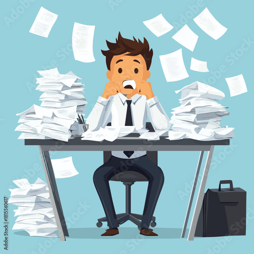 Stressed businessman overwhelmed by paperwork and failure pulling hair in panic Heavy workload concept , vector style simple color