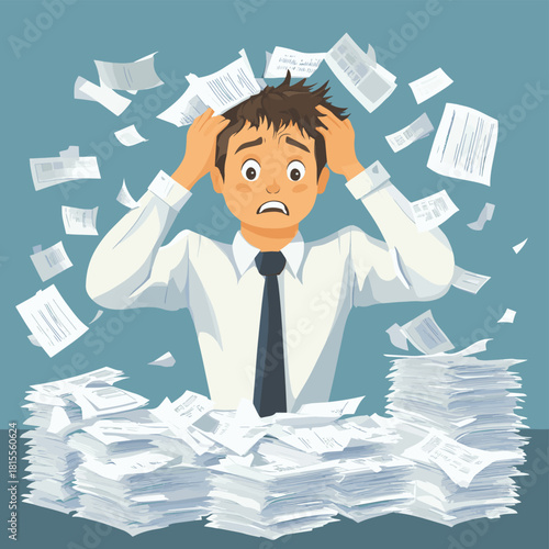 Stressed businessman overwhelmed by paperwork and failure pulling hair in panic Heavy workload concept , vector style simple color